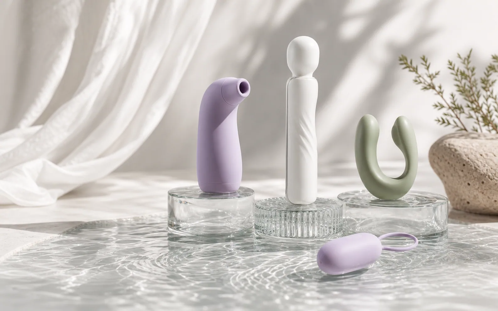 A calm arrangement of demo wellness objects on glass and water