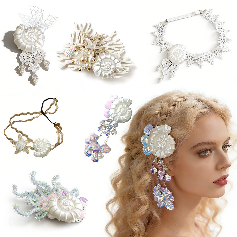 2026 Spring and summer Seaside Starfish Shell Hair clip Headband Mermaid Accessory Set