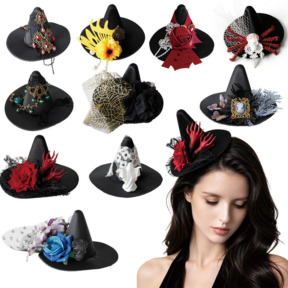 2026 Halloween Witch hat Women Fascinator Hair accessory Gothic Small hat Ball Headpiece Set