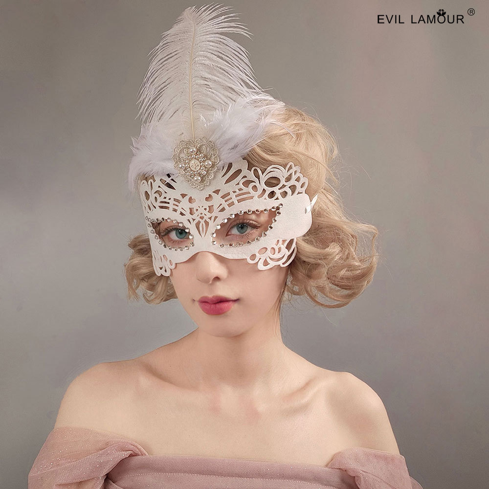 Venetian-Style Feather and Rhinestone Mask - MJ-176
