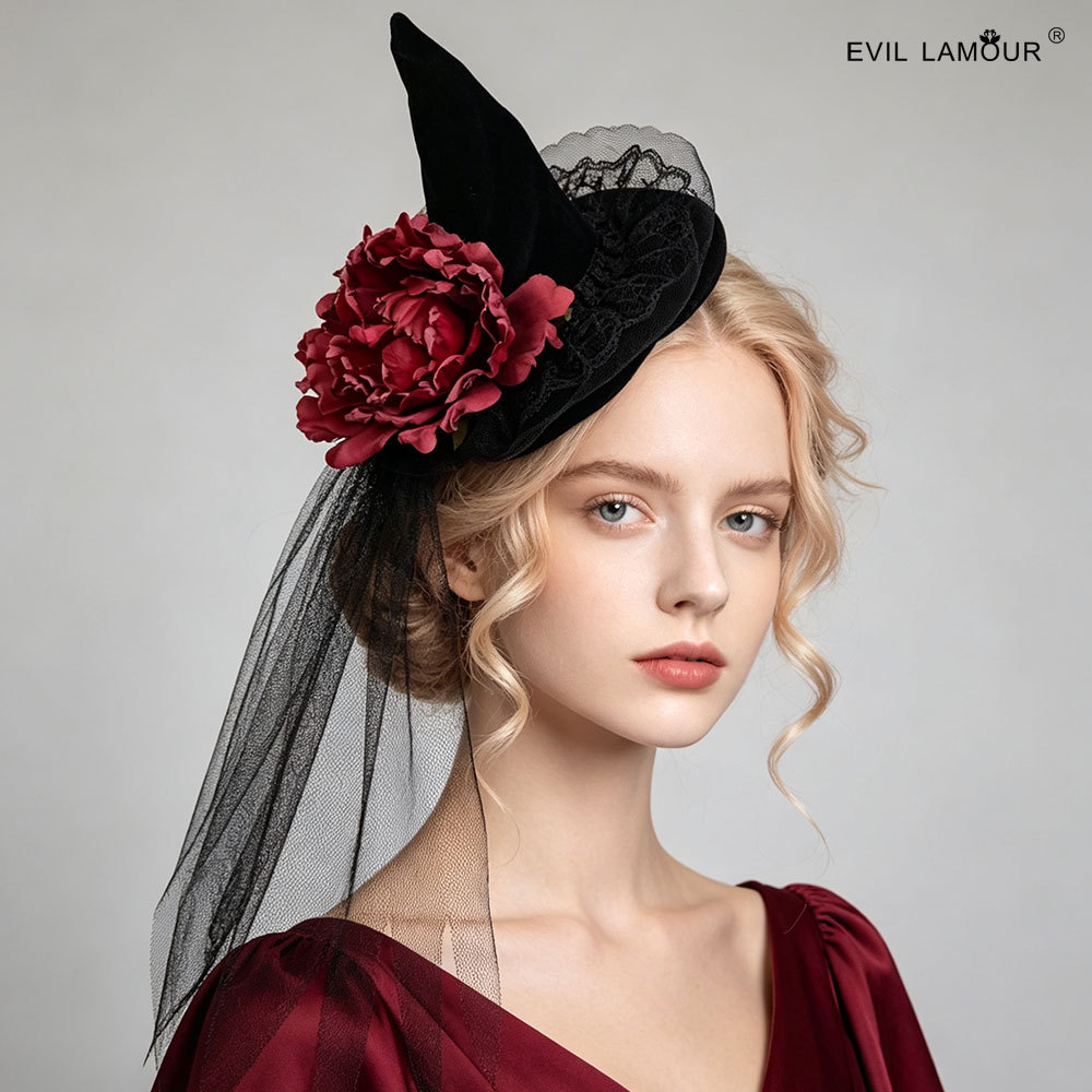 Gothic Witch hat Headband Rose Decor Pointed Halloween Ball Party Headpiece FJ-91-1