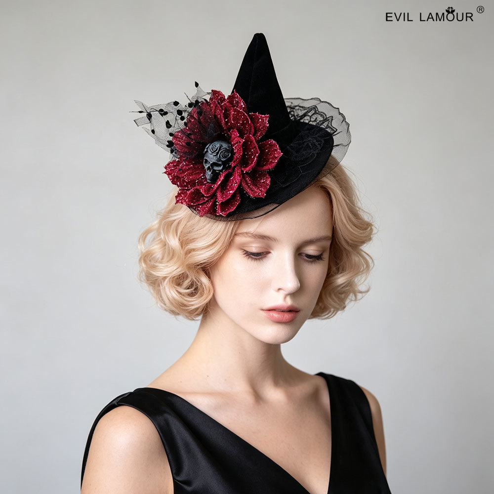 Skull Styling Hair accessory Vintage Gothic Witch hat Rose Pointed Ball Party Headpiece FJ-94-1