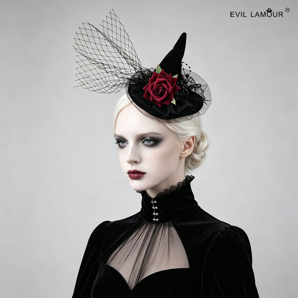 Halloween Witch hat Witch hat Rose Fascinator Lace Tulle Small hat Party Hair accessory FJ-98-1