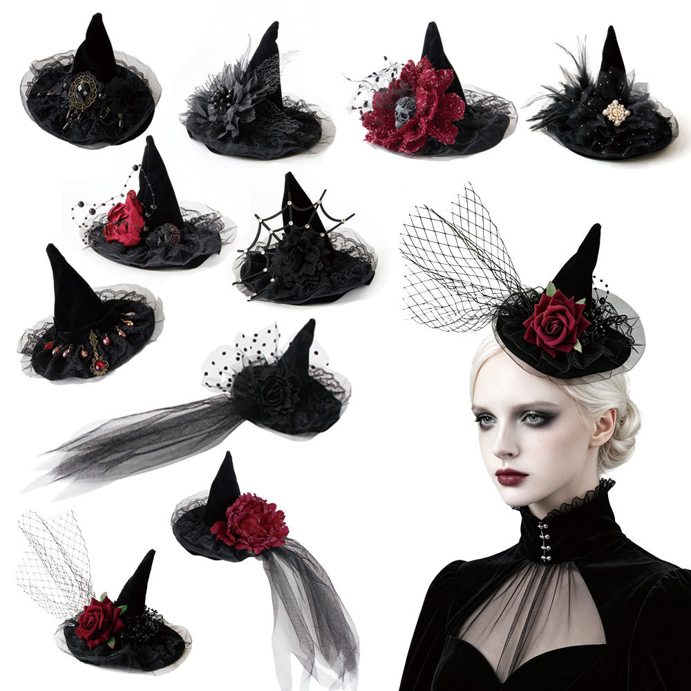 Bridal Headpiece Vintage Tulle Hat Feather Hair accessory Races Witch hat Witch hat Set