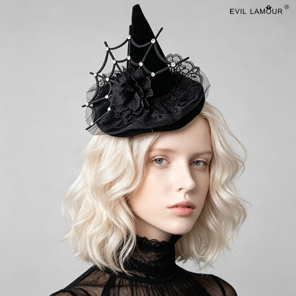 Pointed Spiderweb Rhinestone Witch Lace Flower Stage Accessory Halloween Party FJ-90-1