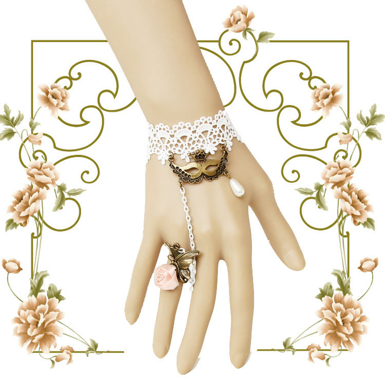 Evil Lamour Halloween Accessory Vintage Lace Bracelet Ring Hand chain Ball Accessory WS-235
