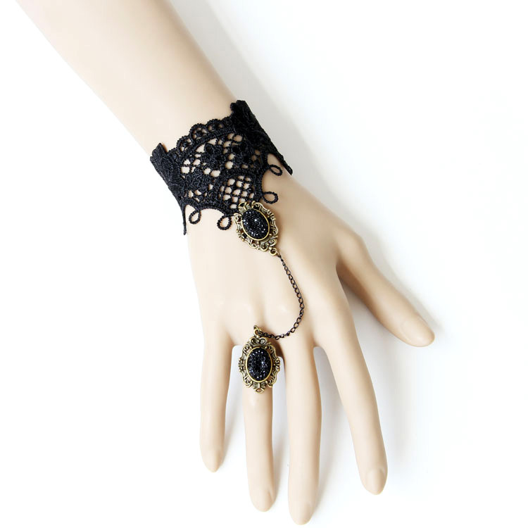 Gothic Lace Women Bracelet with ring Hand chain Set Vintage Accessory WS-07