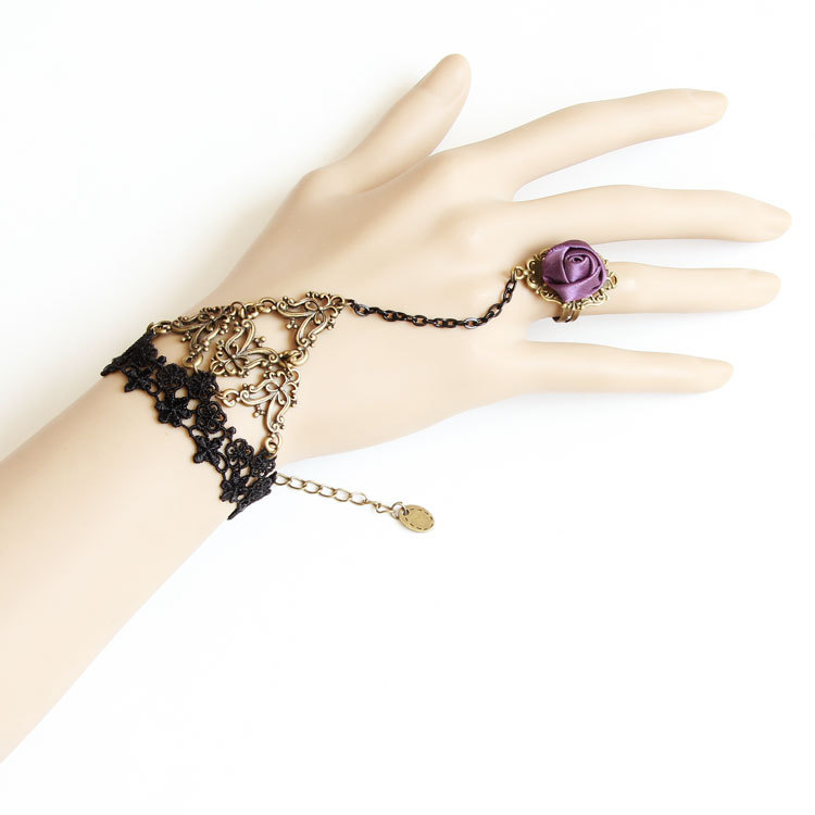 100 Black Lace Rose Women Bracelet Ring Hand chain Studio Accessory WS-135