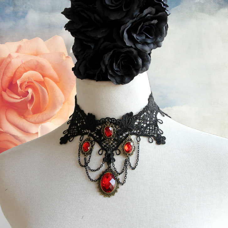 Vintage Vampire Lace Accessory Statement Choker Punk Tassel Necklace JL-106