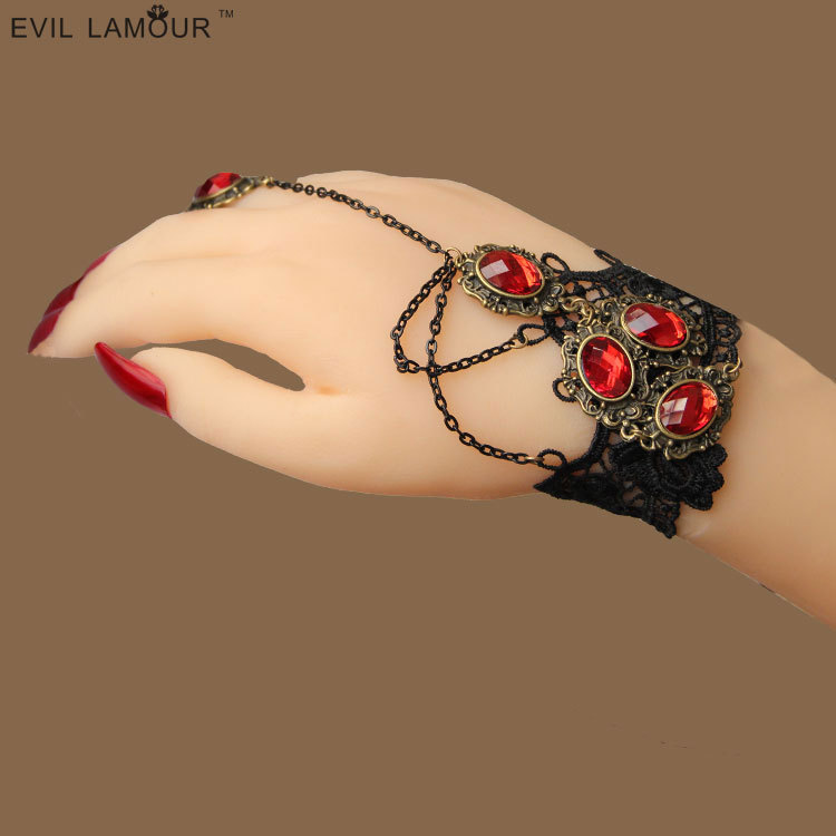 Gothic Fashion Black Women Lace Bracelet Ring Finger chain Women Birthday gift WS-09