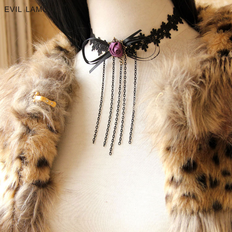 Gothic Tassel Bow Rose Necklace Women Short Collarbone Lace Women Choker Jewelry JL-44