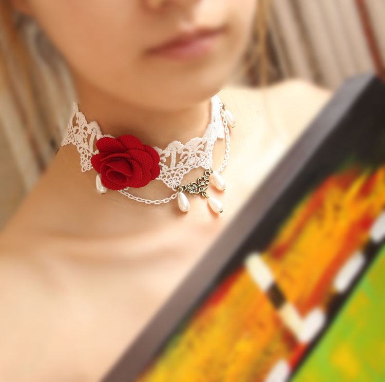 Vintage Court Lace Rose Pearl Choker Women Collarbone necklace Accessory JL-118