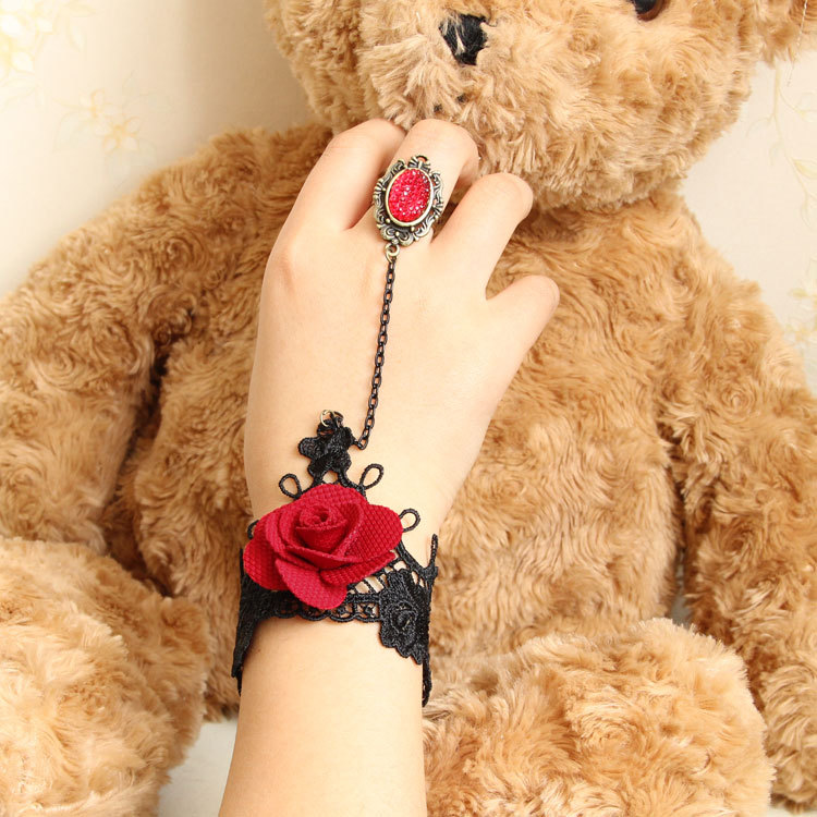 Gothic Rose Vintage Lace Bracelet with ring Hand chain Accessory Court Ball Jewelry WS-74