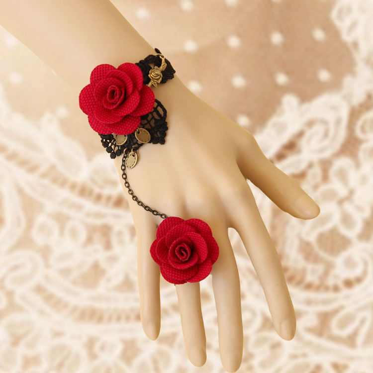 Gothic Black Vintage Lace Rose Flower Bracelet Ring Hand chain Women Jewelry WS-80