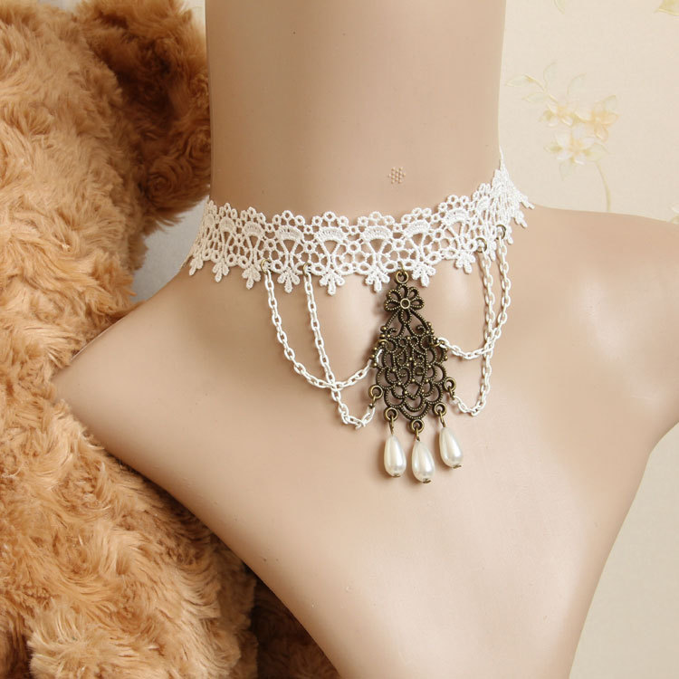 Bridal Wedding White Vintage Lace Pearl Choker Women Collarbone necklace Gift JL-122
