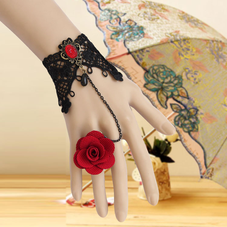Rose Flower Black Lace Pearl Bracelet with ring Vintage Accessory WS-107