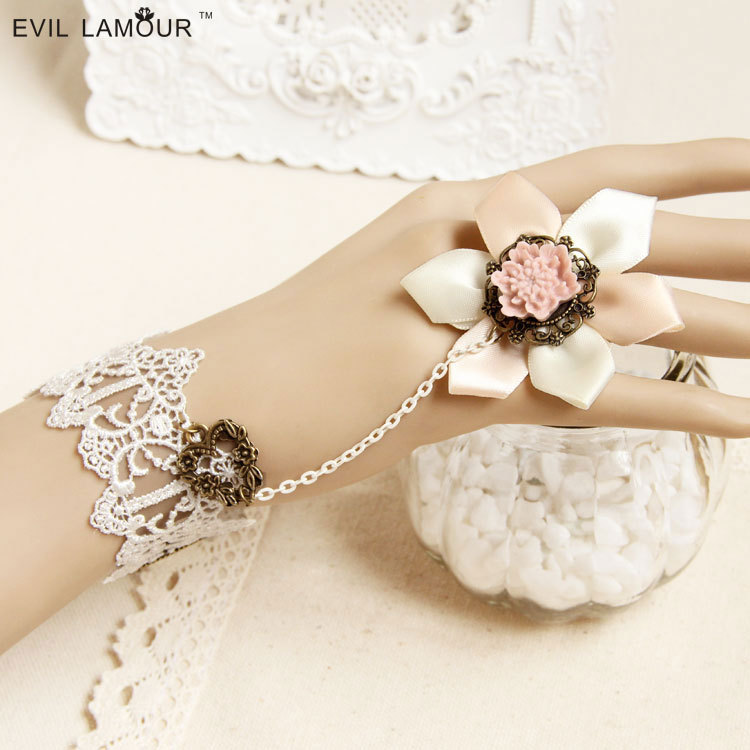 Vintage White Accessory Bracelet with ring Hand chain Women Bridal Bridesmaid Bracelet WS-120