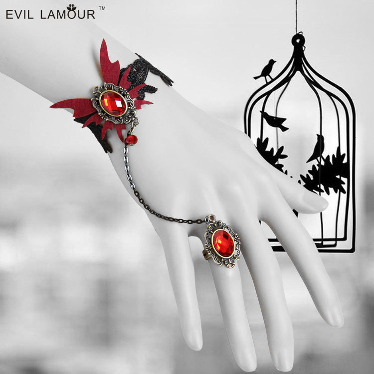 Gothic Butterfly Women Bracelet with ring Hand chain Vintage Anime Accessory WS-70