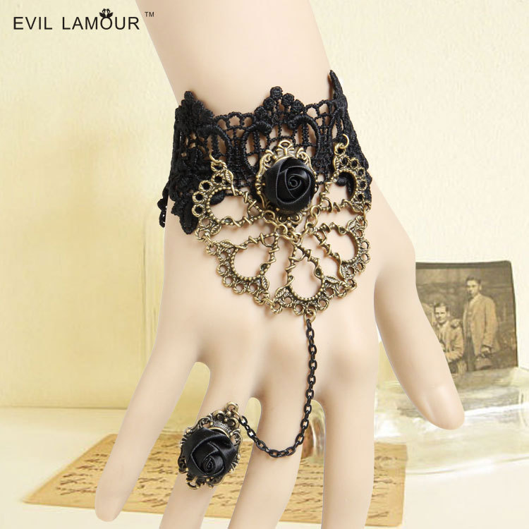 Gothic Vampire Rose Lace Bracelet with ring Hand chain Vintage Accessory WS-137
