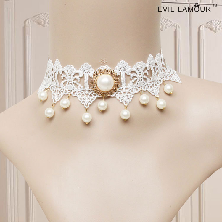 Vintage White Bridal Bridesmaid Collarbone Necklace Lace Pearl Women Accessory JL-34