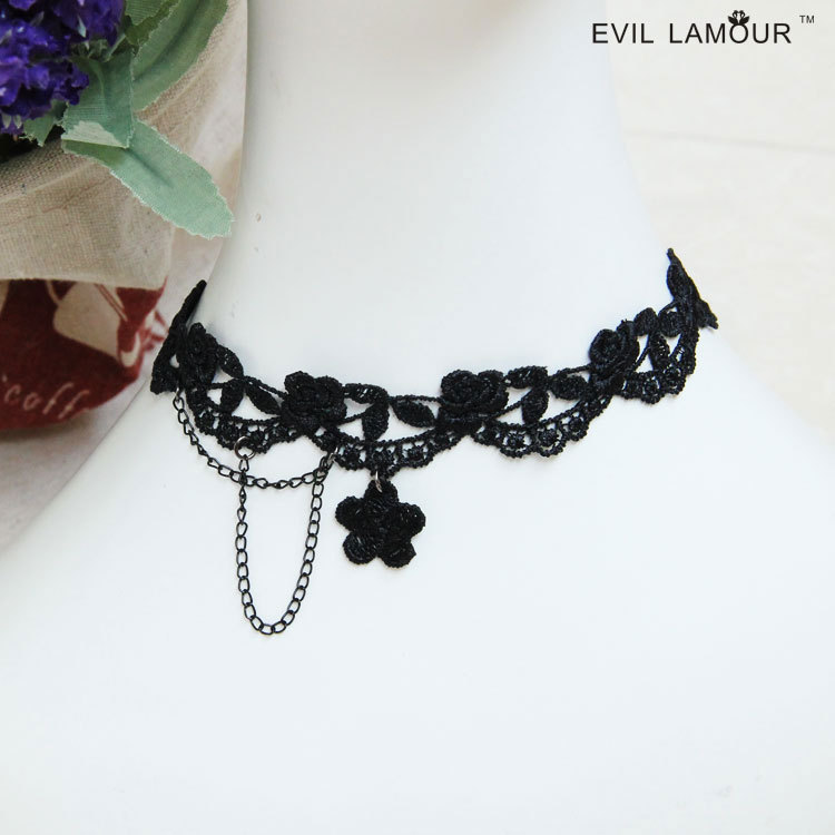 Black Gothic Floral Lace and Tassel Choker - JL-149