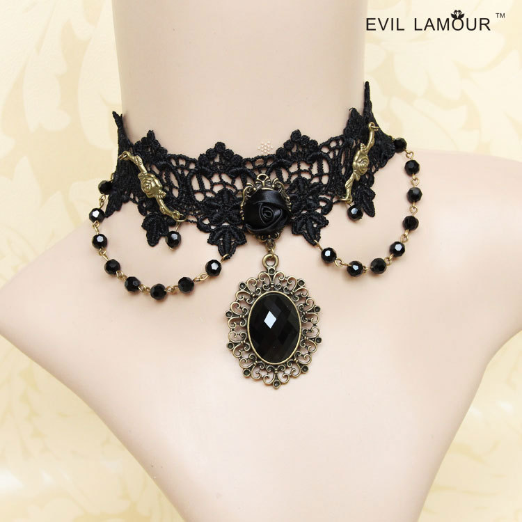 Crystal Fashion Black Lace Choker Short Necklace Collarbone necklace Women False collar JL-152