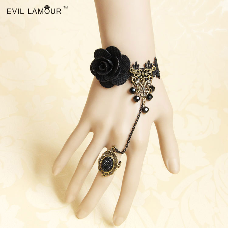 Gothic Fashion Vintage Rose Flower Women Bracelet with ring Hand chain Accessory WS-173