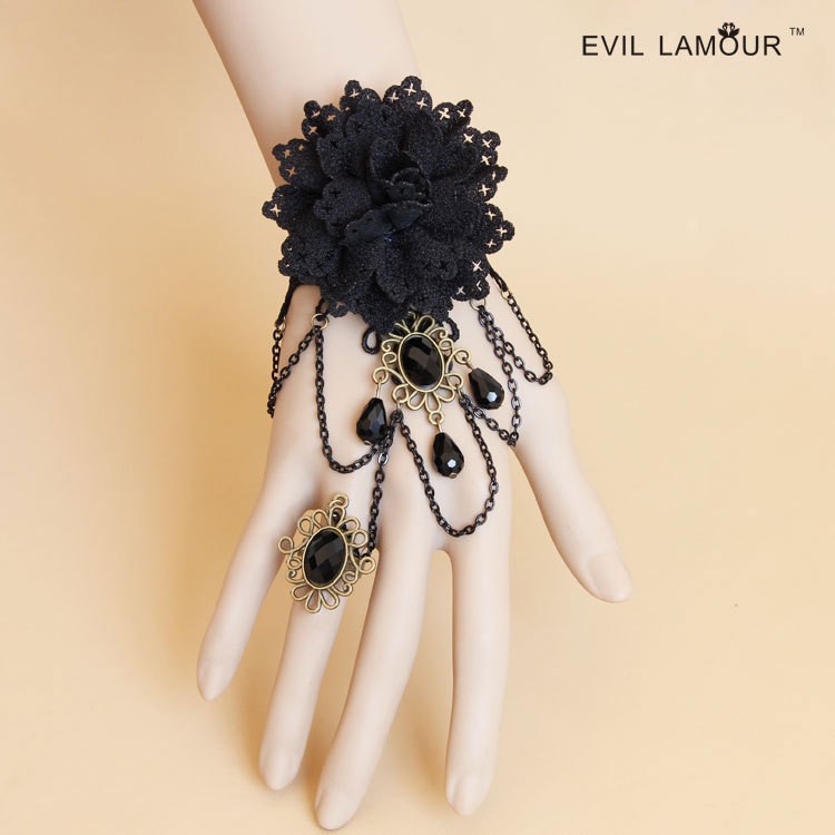 Black Vintage Flower Handmade Lace Bracelet Ring Hand chain Jewelry WS-271