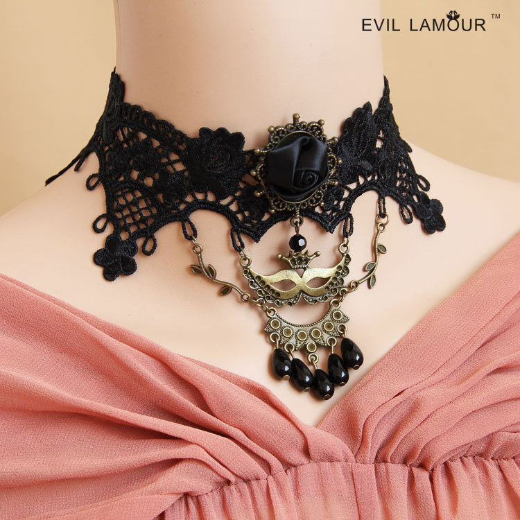 Gothic Punk Fashion Ball Mask Pearl Lace Choker Women Short necklace Choker JL-230