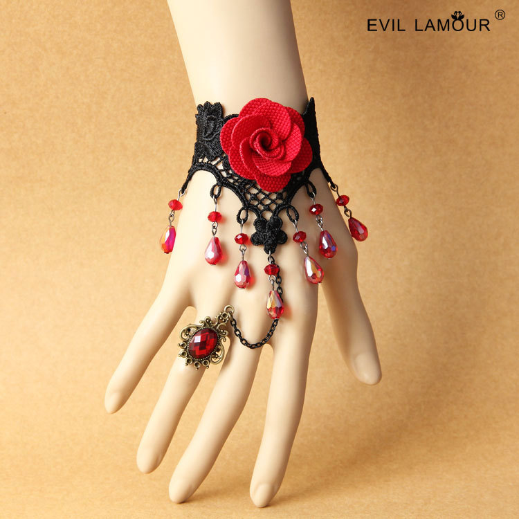gothic Rose Lace Crystal Bracelet Hand chain Black Vintage Jewelry WS-321