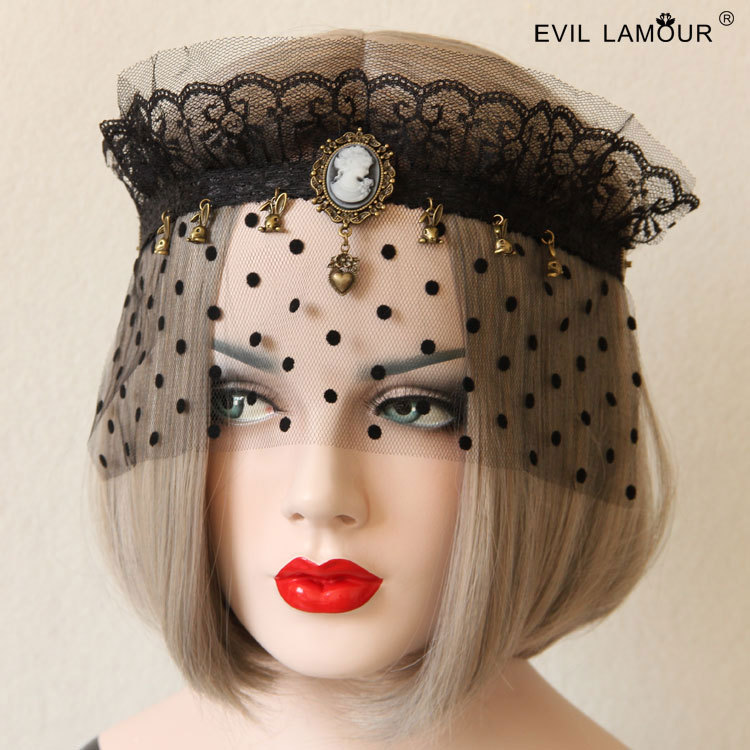Halloween Rabbit Crown Headband Lace Veil Mask Black Hair accessory Ball Party Accessory MJ-48