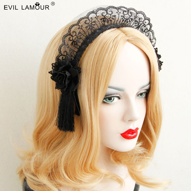 Christmas Gothic Women Lace Flower Tassel Headband Convention play Handmade Accessory FG-07