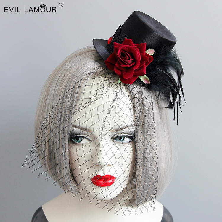 Gothic Rose, Feather and Tulle Fascinator - FJ-219