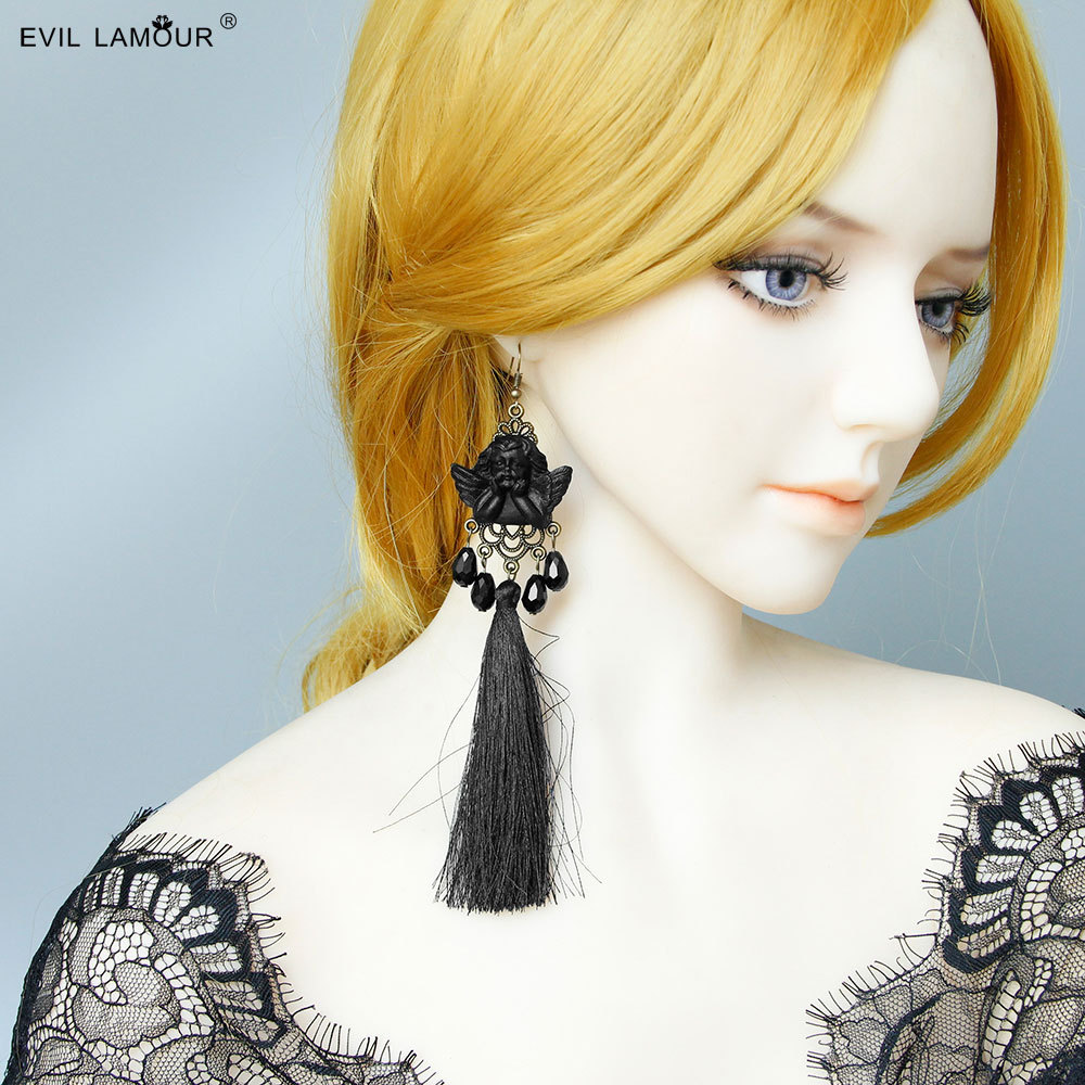 Black angel Tassel Earring Long Dangle earring Halloween Gothic Queen Accessory EH-12-1