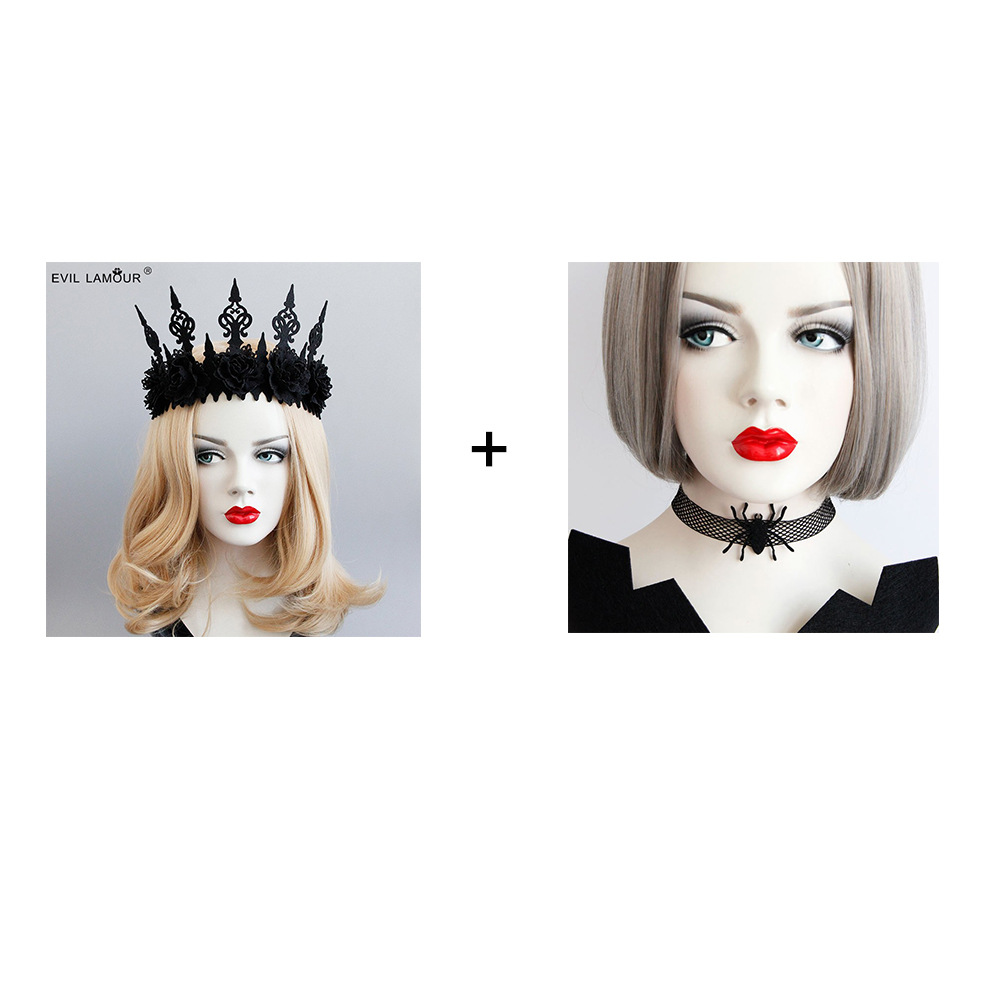 Halloween Ball Party Accessory Black Crown Spider Necklace Set