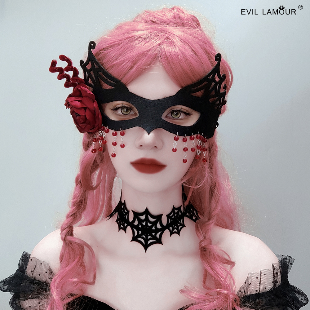 Halloween Half-face Spiderweb Flower Women Carnival Christmas Rose Flower Bar Mask MJ-50-1