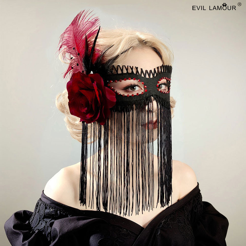 Feather Flower Rhinestone Tassel Full-face Mask Halloween Christmas Ball Party Mask MJ-171