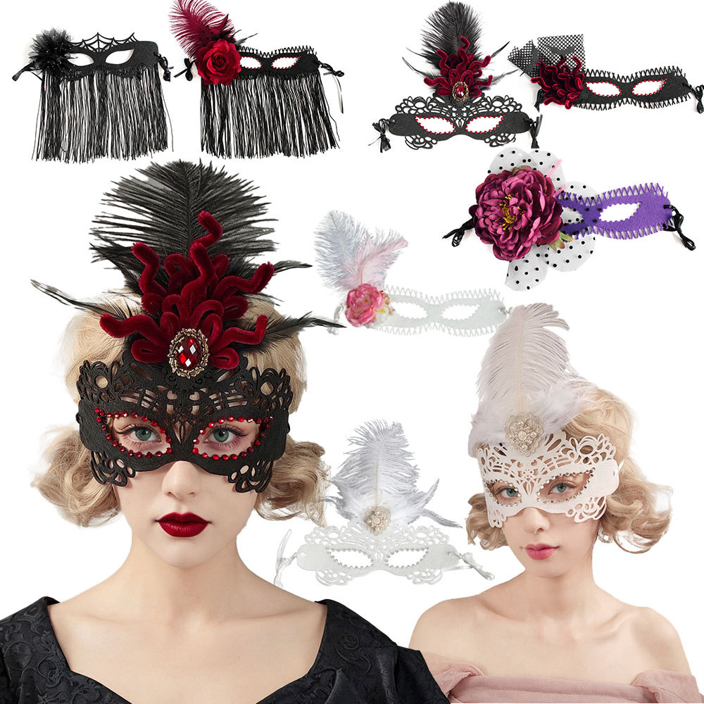 Halloween Christmas Carnival Venice Feather Tassel Half-face Full-face Unisex Mask Set Assorted
