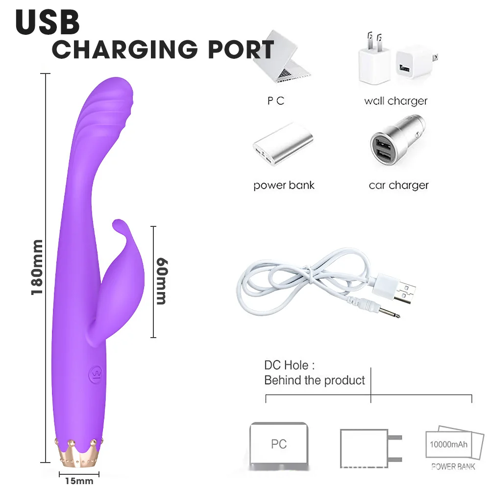 Purple personal massager dimensions and USB charging diagram