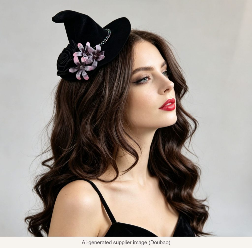 Black floral mini witch hat styling - AI-generated supplier image