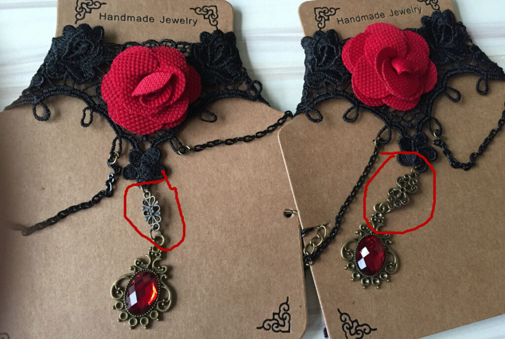 Red rose lace choker - supplier clasp and pendant detail comparison