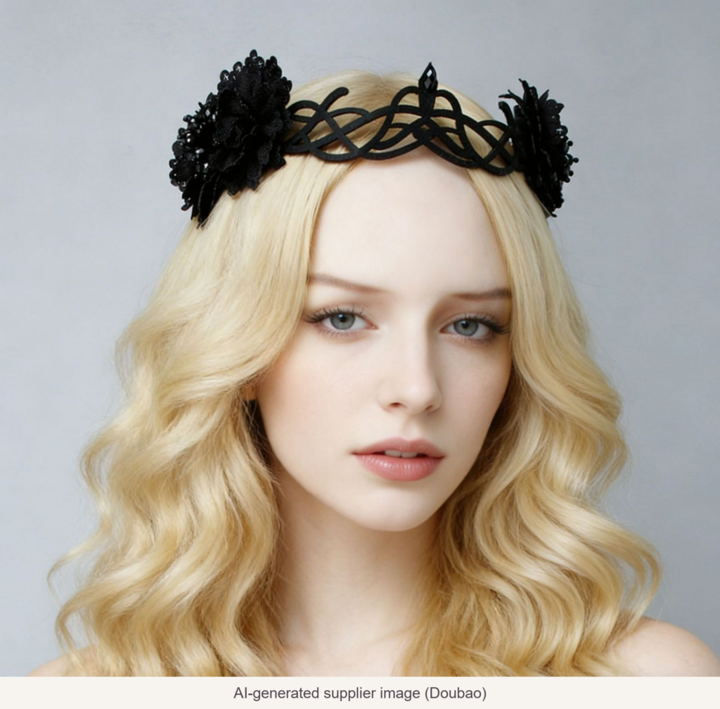 Black floral headband styling - AI-generated supplier image