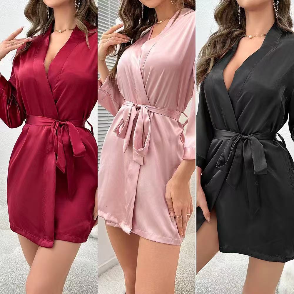 Women Tie waist Robe Sexy Robe Ice silk Loungewear