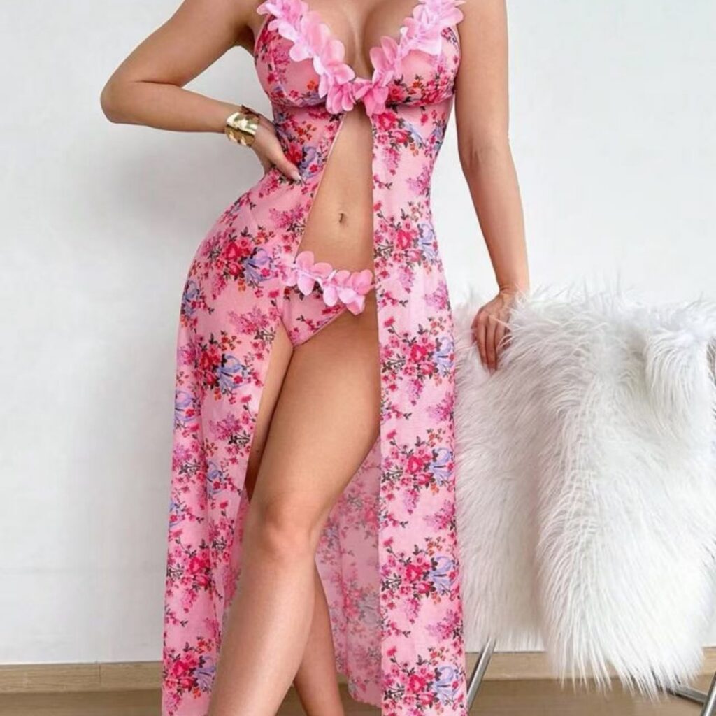 Women Sexy Mesh Lace Floral Sexy Sheer Pajama Set