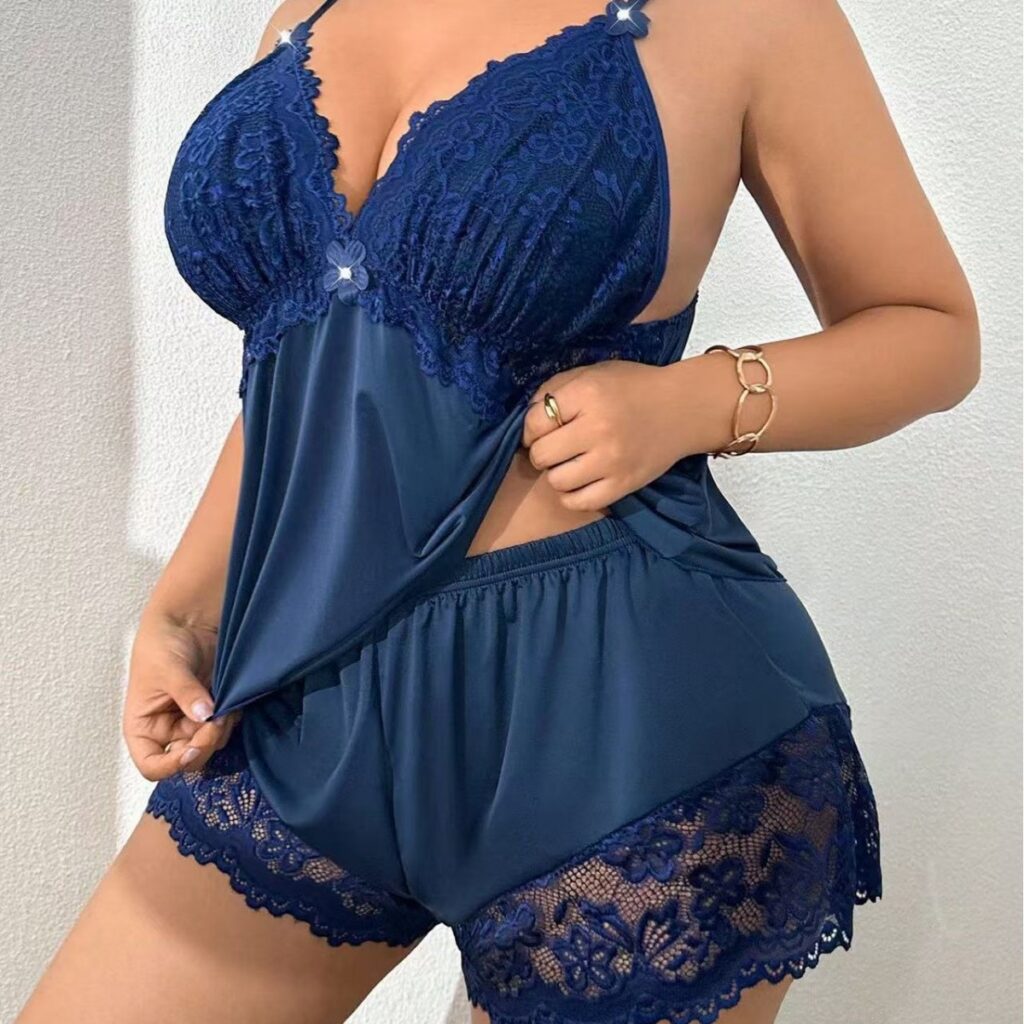 Plus size Camisole Lace Pajama Two-piece set Sexy Ice silk Shorts Set Loungewear