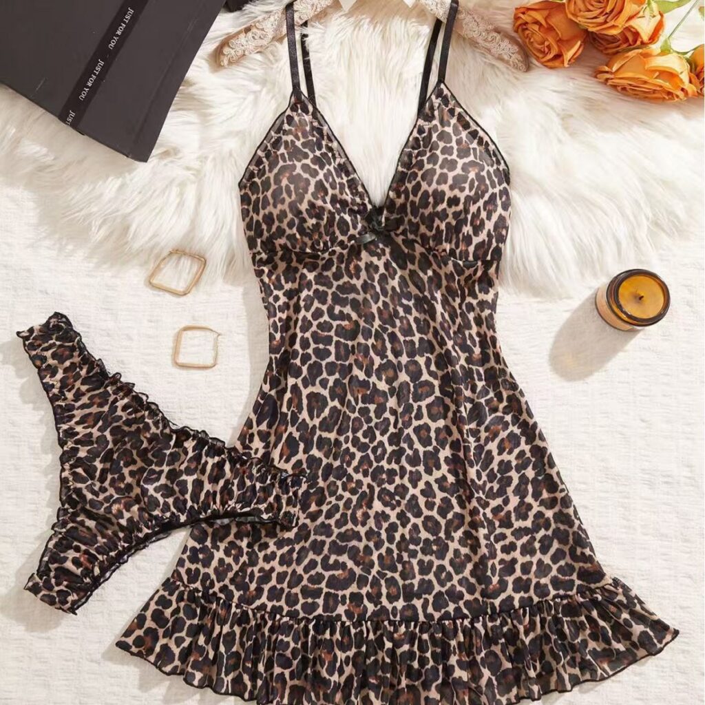 Camisole Lingerie Sheer Mesh Print Camisole Nightgown Set
