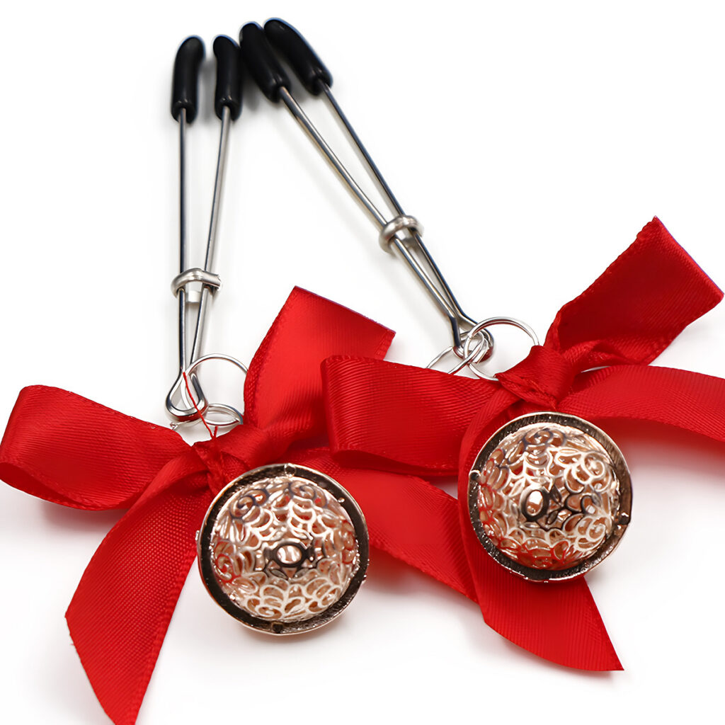 SM Medium Red Bow Bell Metal Nipple clamps Couples Alternative Sex toy