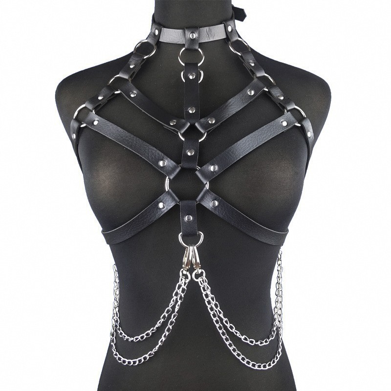 Black Leather Restraint Women Wearable Sexy Strap Chain Strap