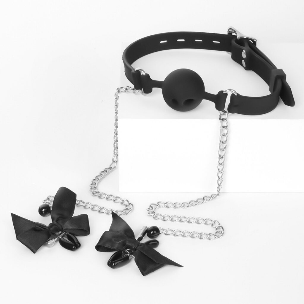 SM Adult Bow Ball gag Nipple clamps Couples Foreplay Punishment Training Toy