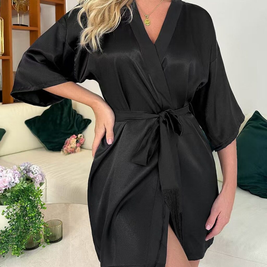 Robe Mid sleeve Women Robe Short Cardigan Tie waist Tassel Sheer Sexy Pajama